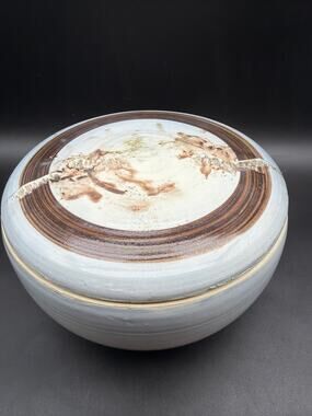 Studio Pottery Lidded Bowl White Blue Stoneware Art 6.5" Signed Crockett MDC